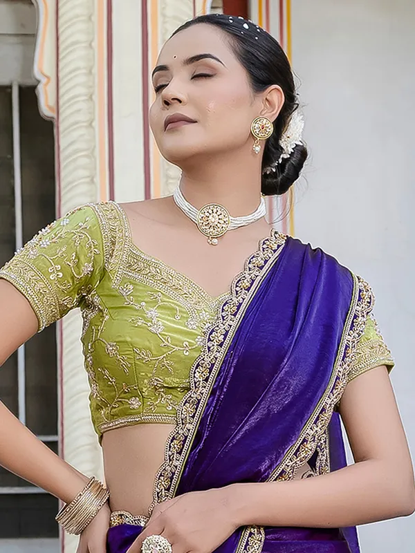 Navy blue satin silk saree with embellished detailing