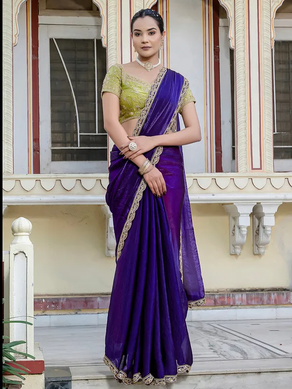 Navy blue satin silk saree with embellished detailing