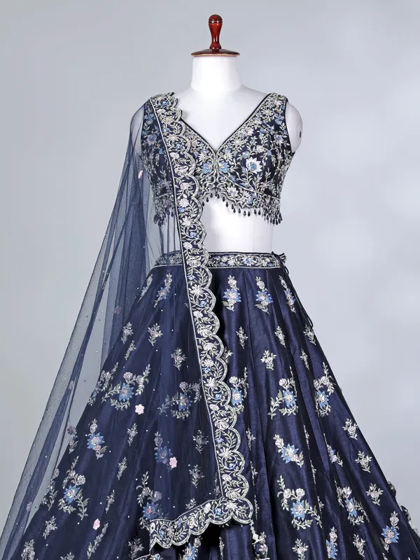 Navy blue satin silk stone work lehenga choli
