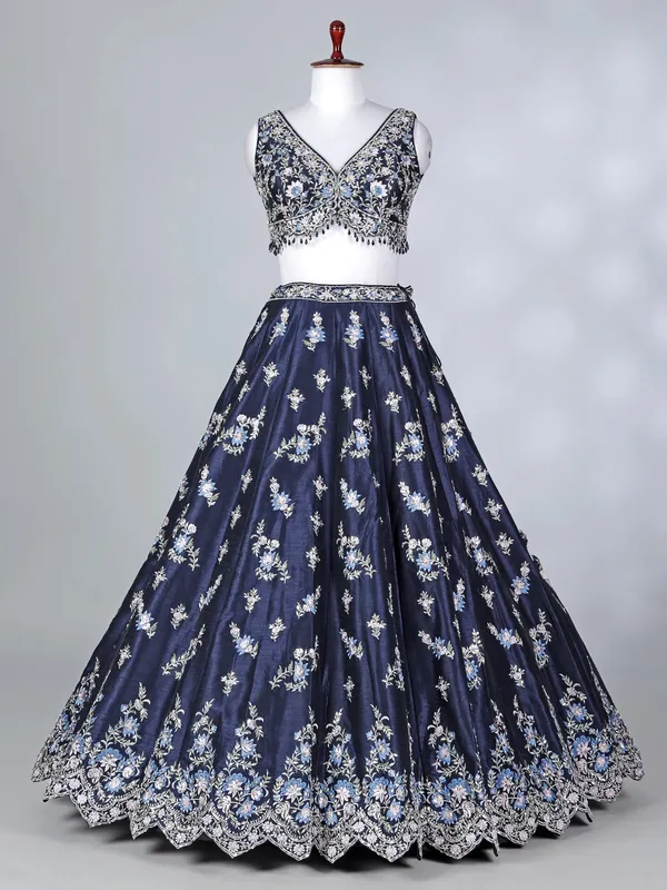 Navy blue satin silk stone work lehenga choli