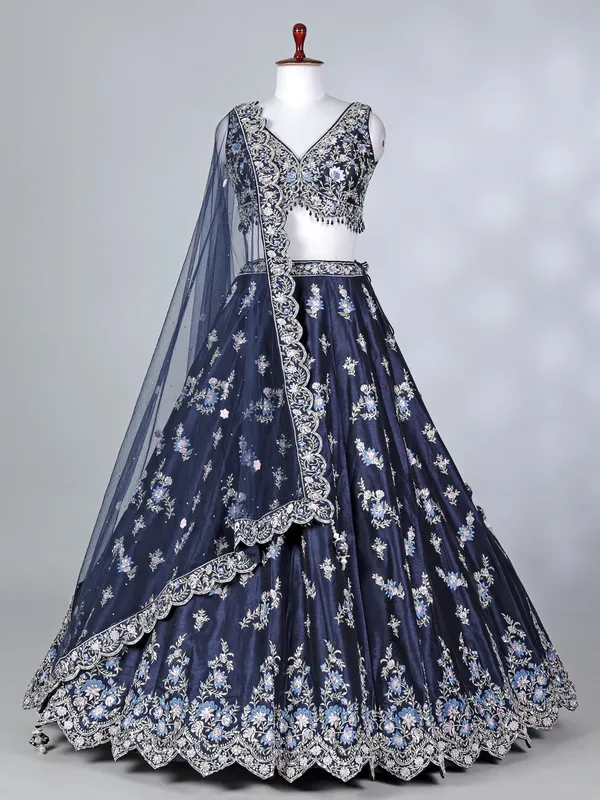 Navy blue satin silk stone work lehenga choli