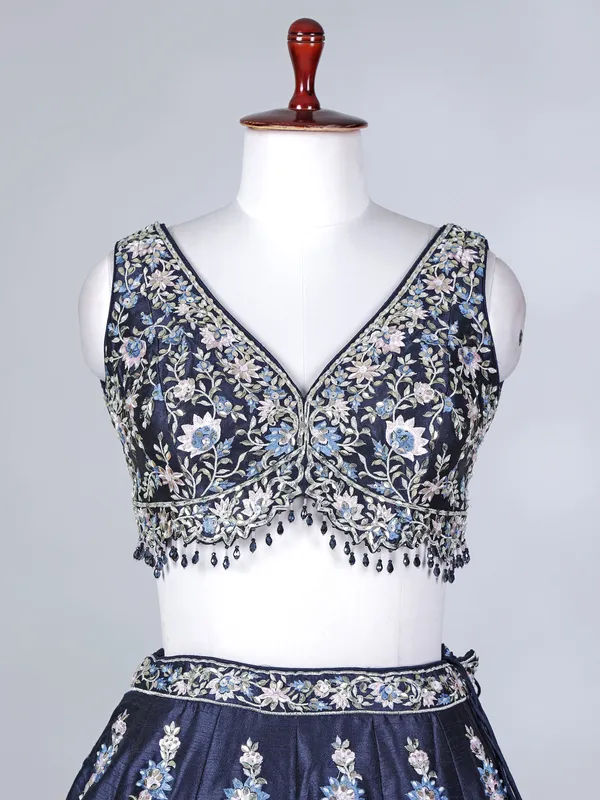 Navy blue satin silk stone work lehenga choli