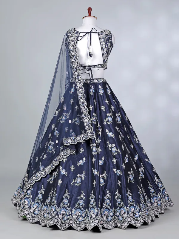 Navy blue satin silk stone work lehenga choli