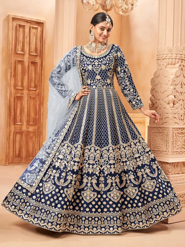 Navy blue silk anarkali suit with traditional zari