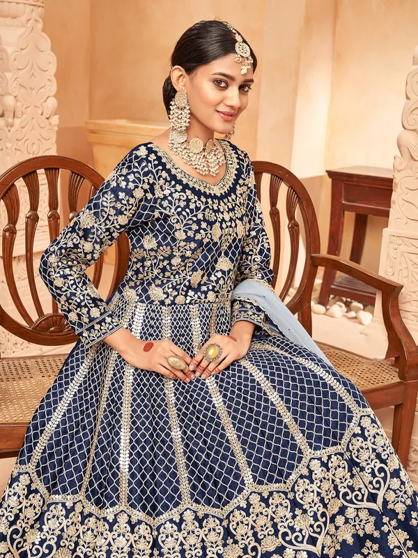 Navy blue silk anarkali suit with traditional zari