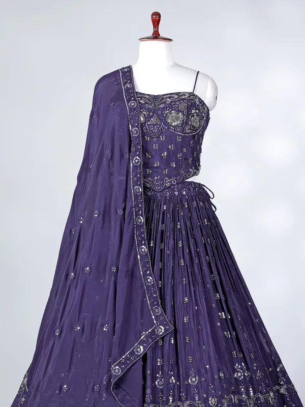 Navy blue silk embroidered cutdana lehenga choli