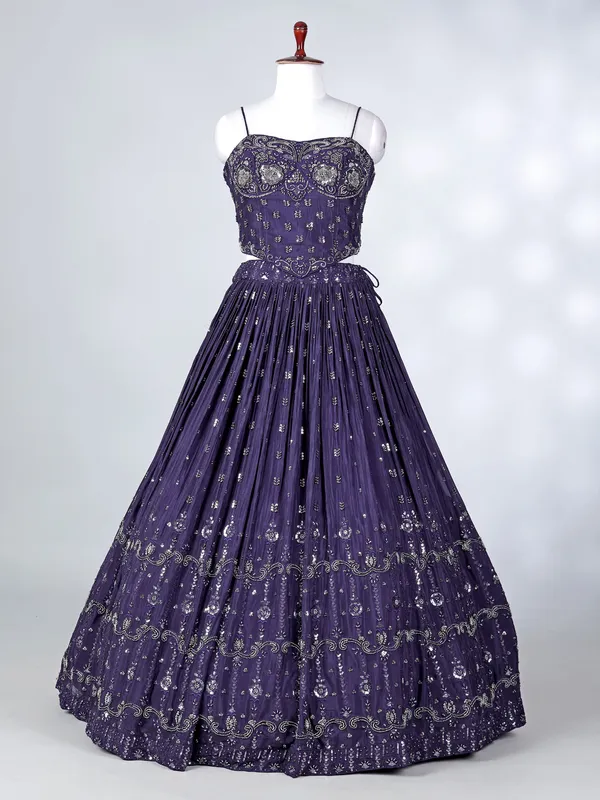 Navy blue silk embroidered cutdana lehenga choli
