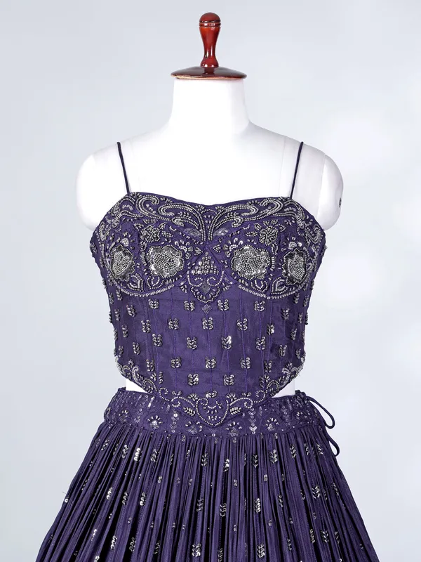 Navy blue silk embroidered cutdana lehenga choli