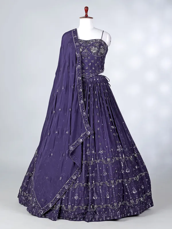 Navy blue silk embroidered cutdana lehenga choli