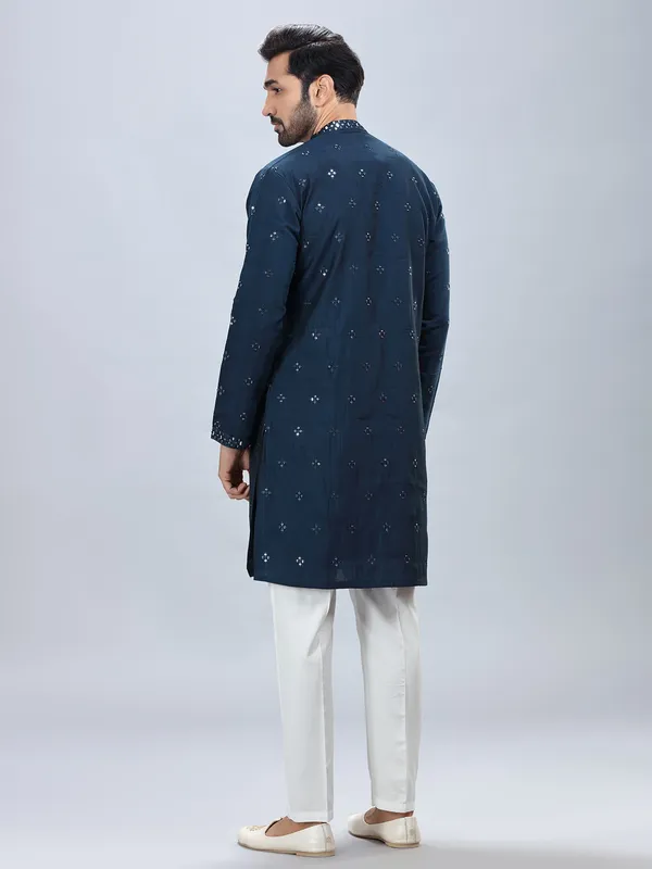 Navy blue silk kurta set for men