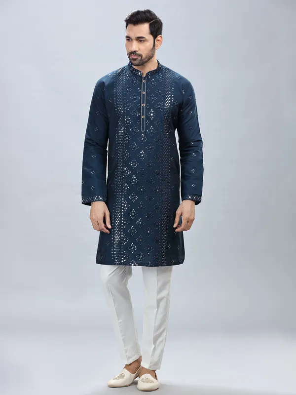 Navy blue silk kurta set for men