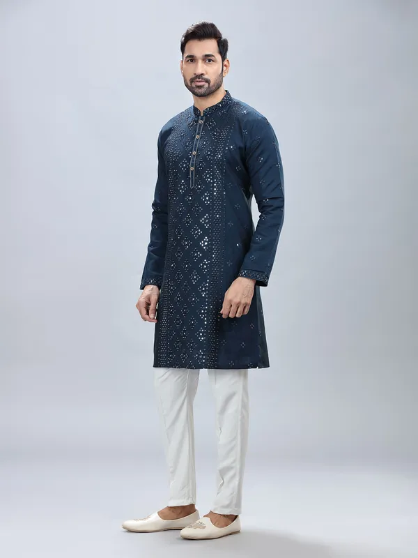 Navy blue silk kurta set for men