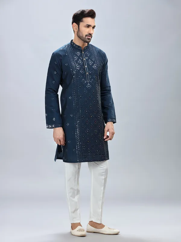 Navy blue silk kurta set for men