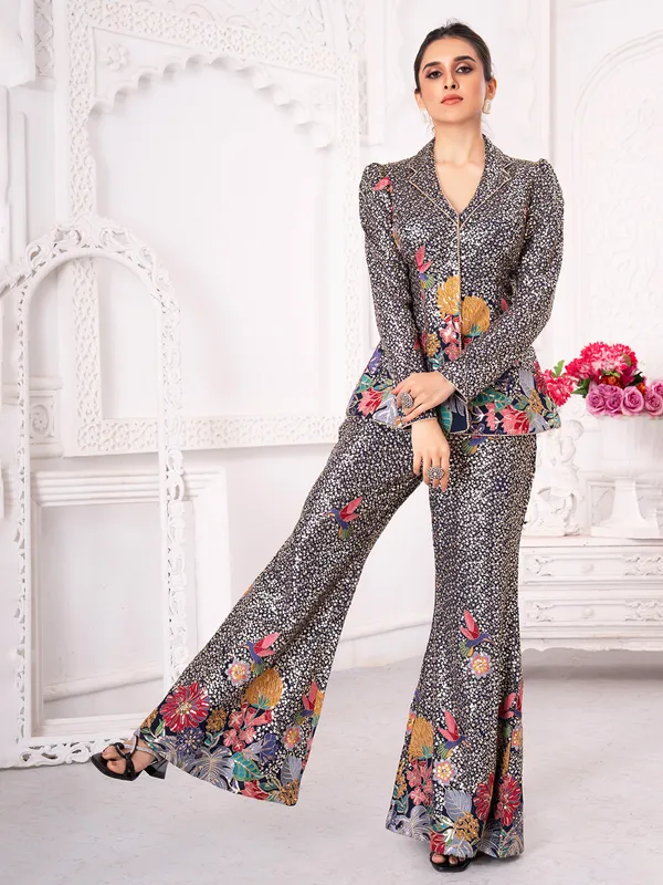 Navy blue silk palazzo suit with sequins Work