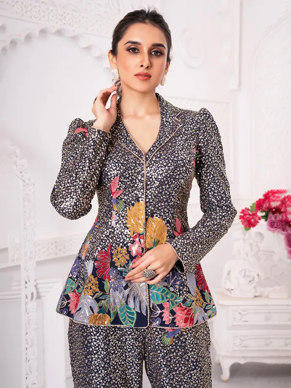 Navy blue silk palazzo suit with sequins Work