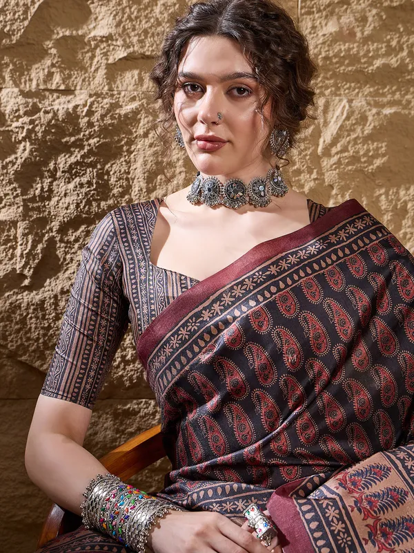 Navy blue silk saree with digital print