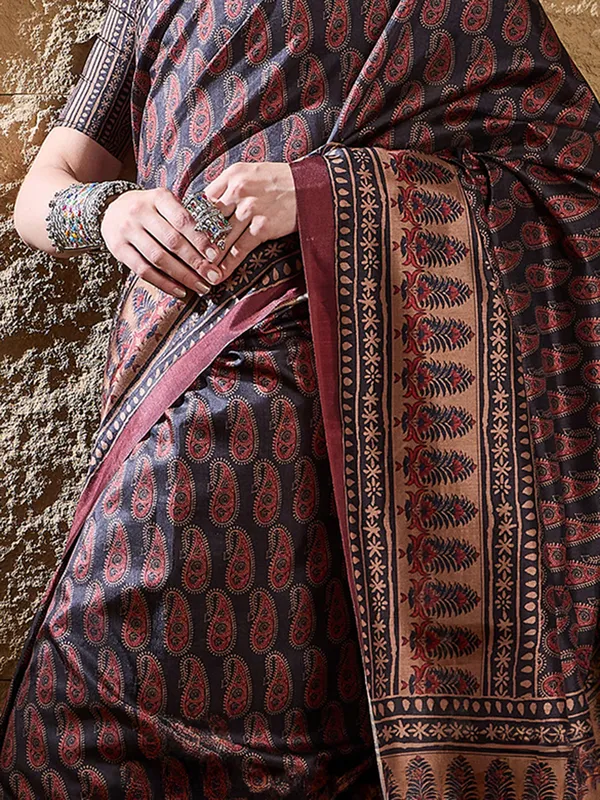 Navy blue silk saree with digital print