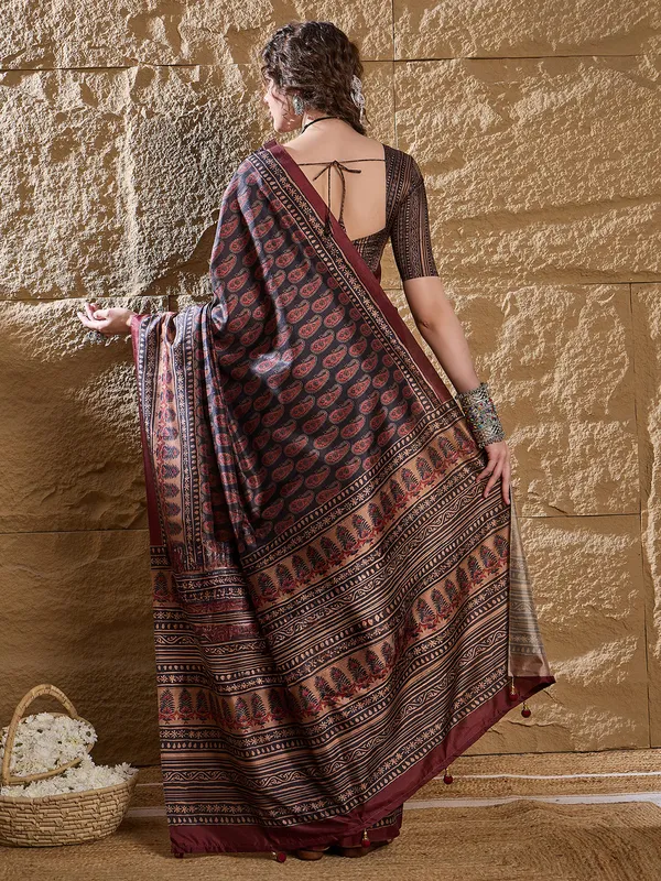 Navy blue silk saree with digital print