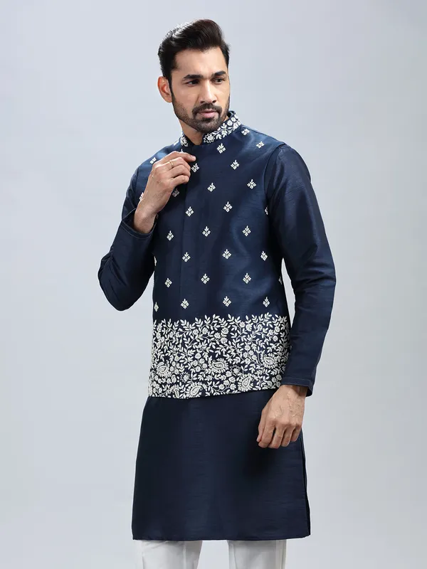 Navy blue silk waistcoat set for men