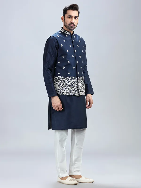 Navy blue silk waistcoat set for men