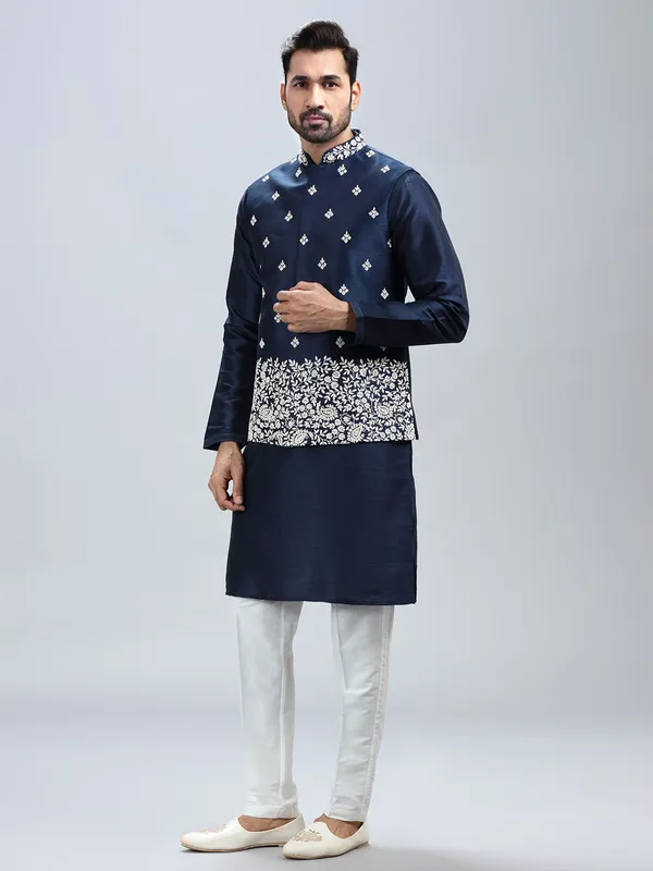 Navy blue silk waistcoat set for men