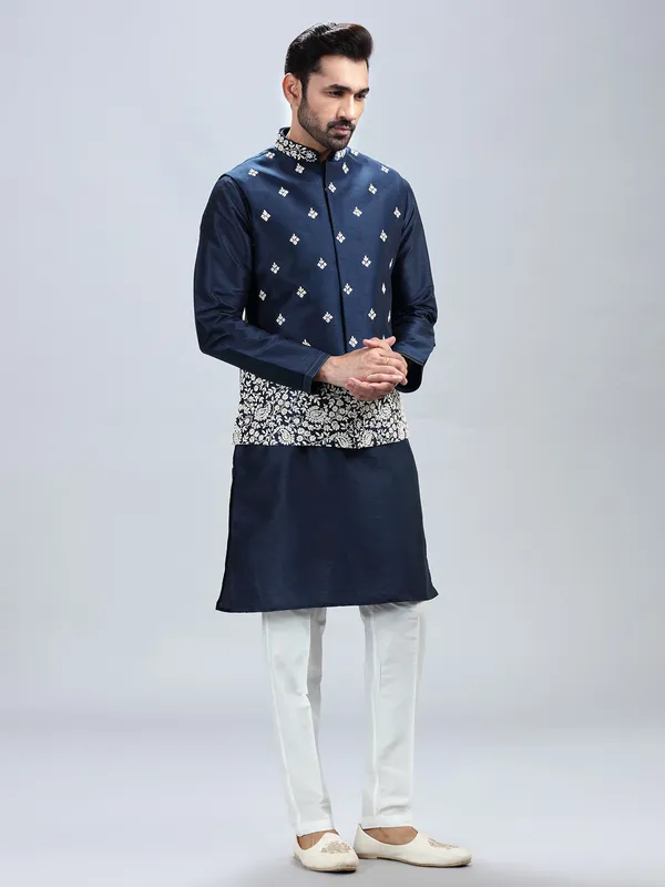 Navy blue silk waistcoat set for men