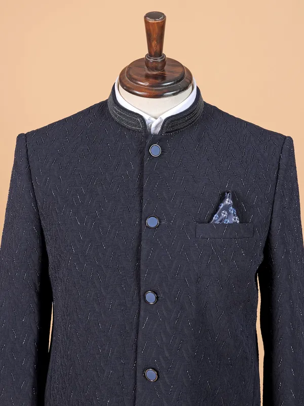 Navy blue textured jodhpuri suit