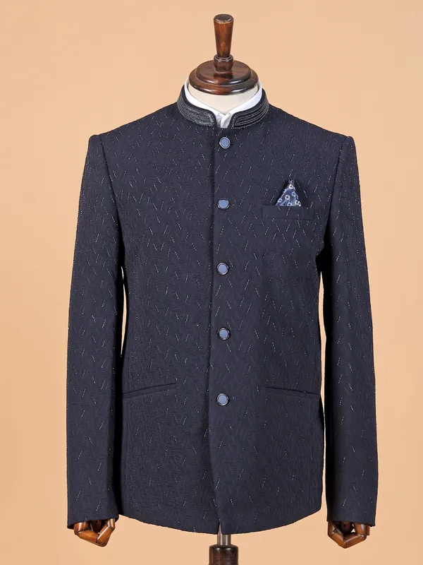 Navy blue textured jodhpuri suit