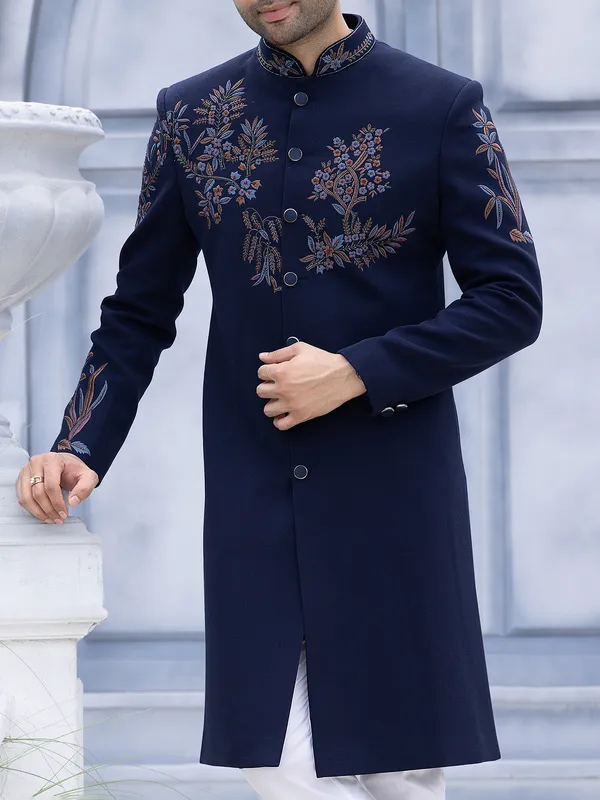 Navy blue textured reception wear Indowestern