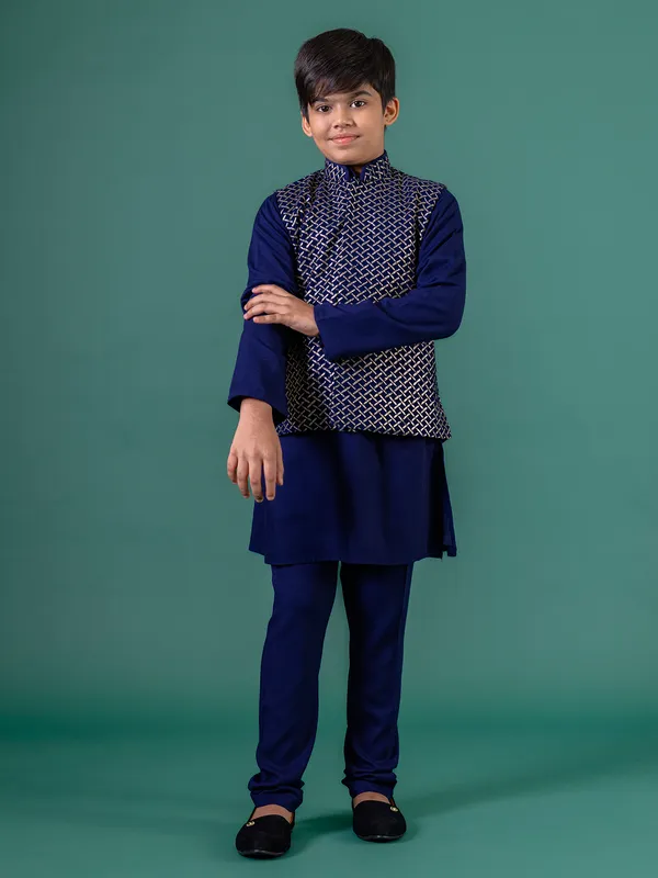 Navy blue zari woven cotton silk set