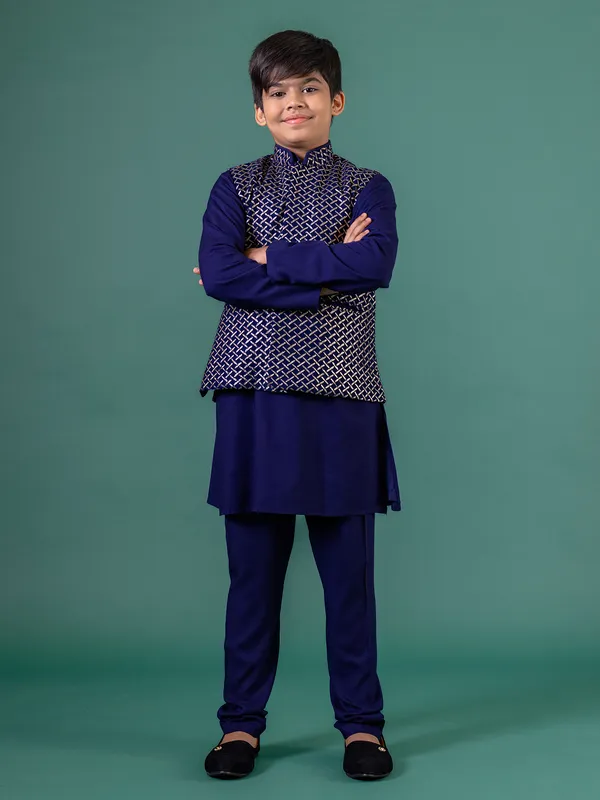 Navy blue zari woven cotton silk set