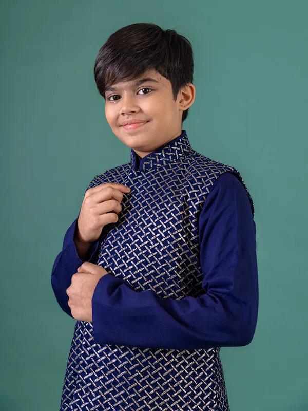 Navy blue zari woven cotton silk set