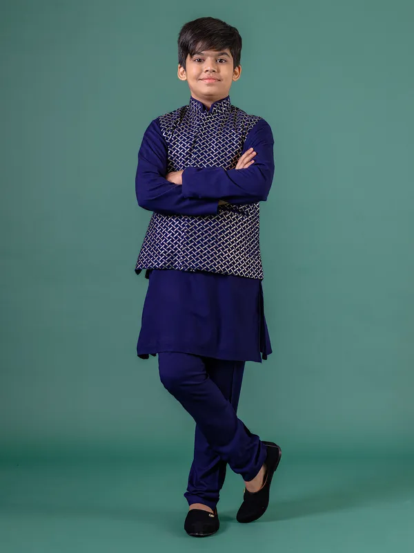 Navy blue zari woven cotton silk set