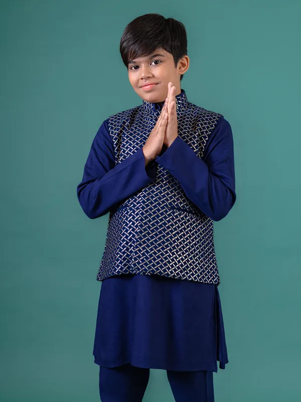 Navy blue zari woven cotton silk set