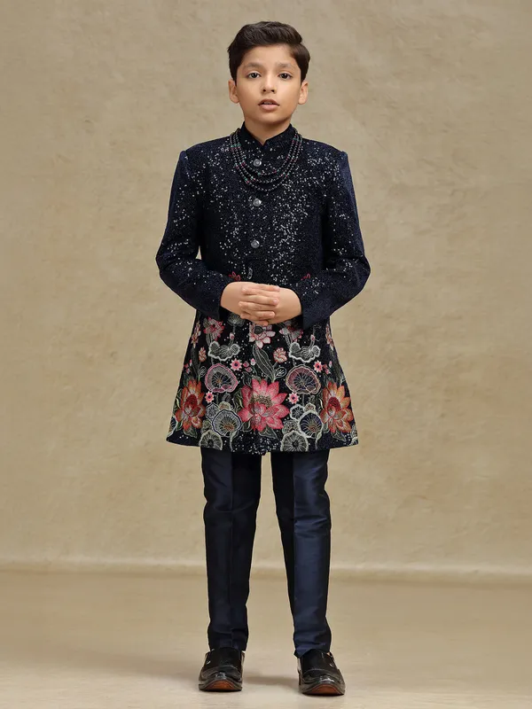Navy boys indo western set in velvet