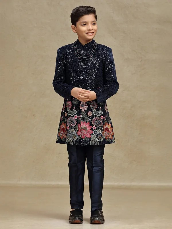 Navy boys indo western set in velvet