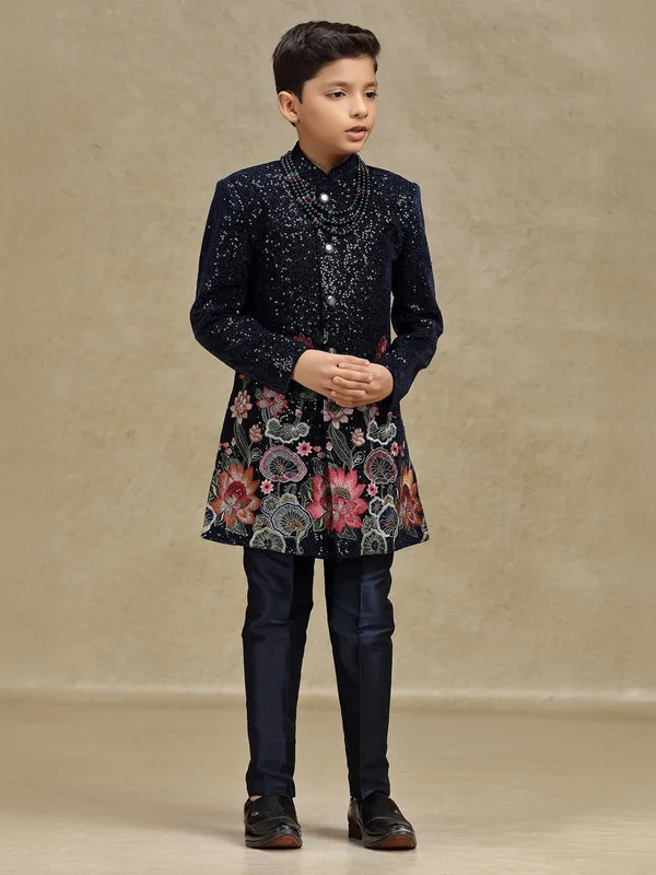 Navy boys indo western set in velvet