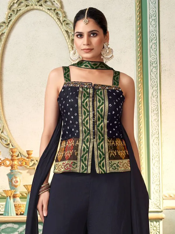 Navy chiffon palazzo suit with zari weaving for festive