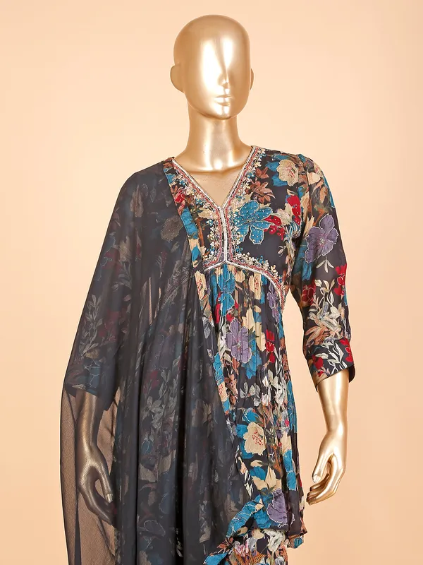 Navy chinon floral printed sharara suit