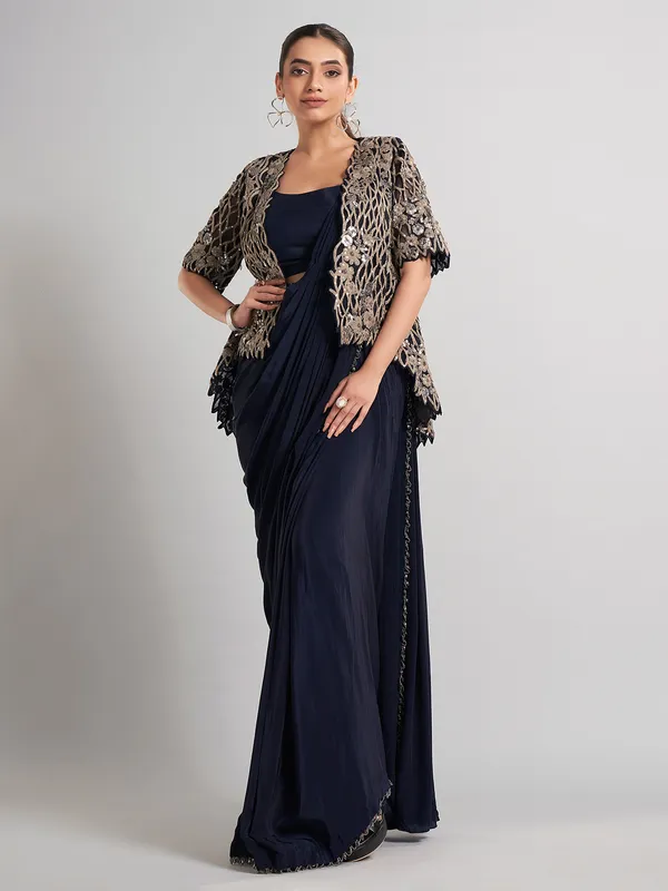 Navy chinon silk ready-to-wear saree with festive sparkle