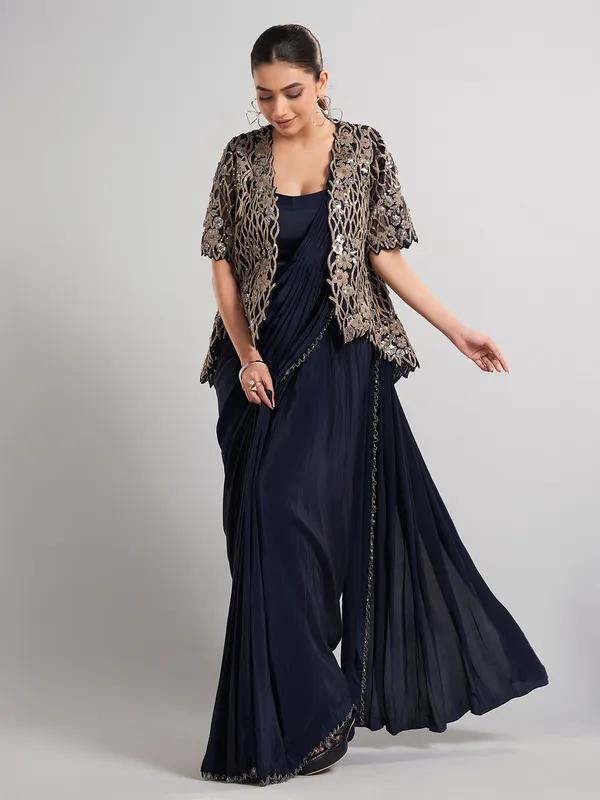 Navy chinon silk ready-to-wear saree with festive sparkle