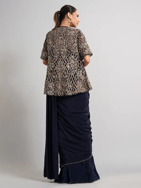 Navy chinon silk ready-to-wear saree with festive sparkle