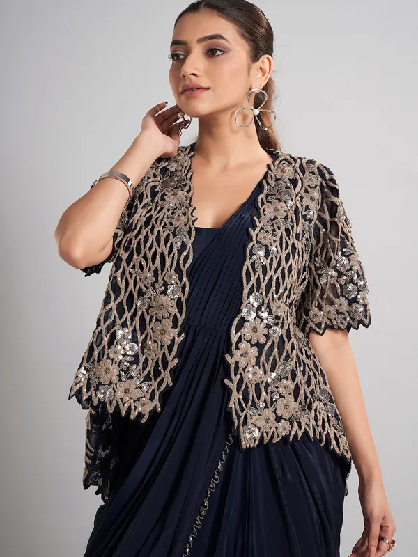 Navy chinon silk ready-to-wear saree with festive sparkle