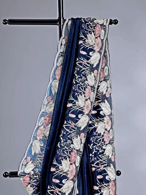 Navy chinon silk saree for reception look