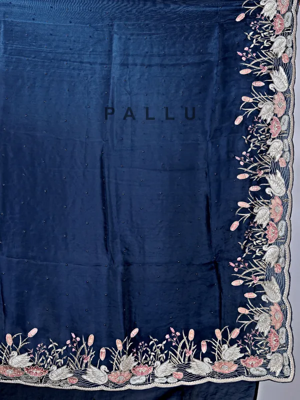 Navy chinon silk saree for reception look