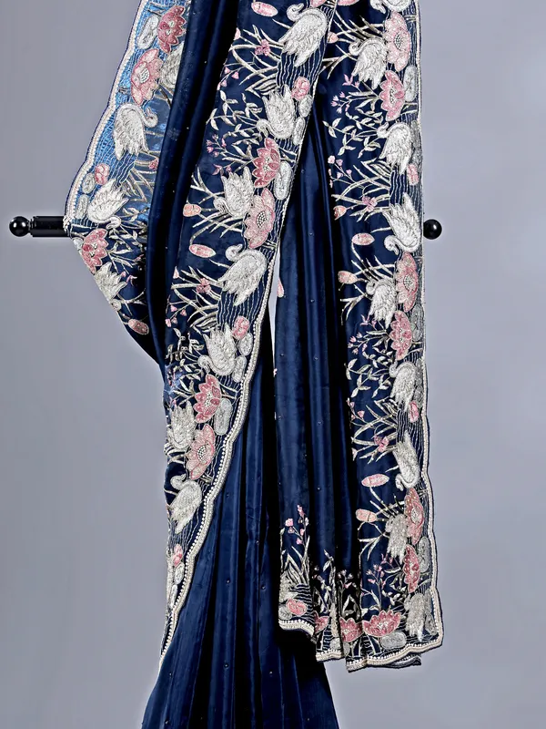 Navy chinon silk saree for reception look