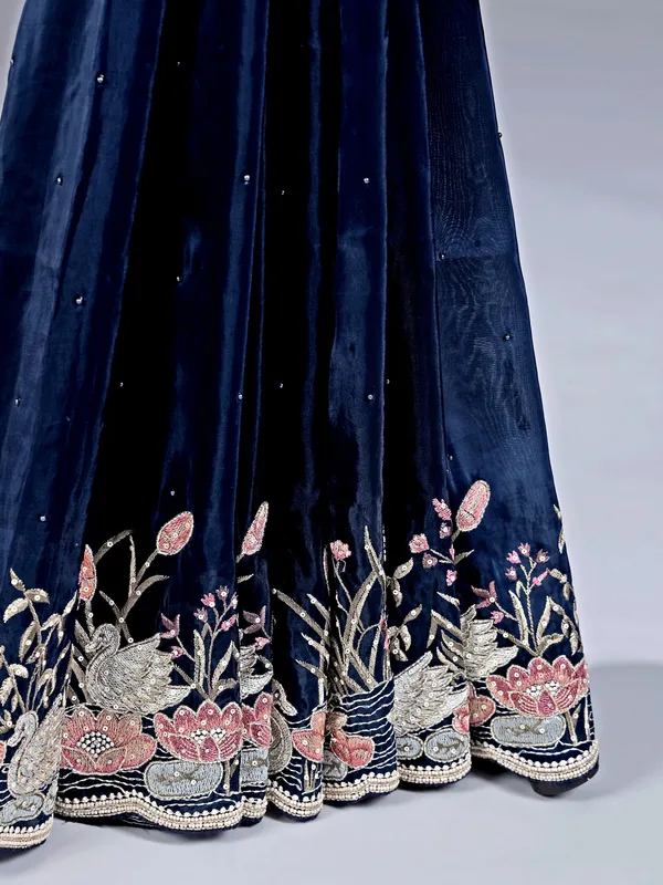 Navy chinon silk saree for reception look