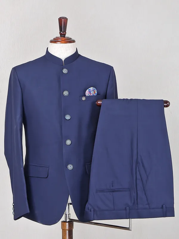 Navy color solid jodhpuri suit in terry rayon