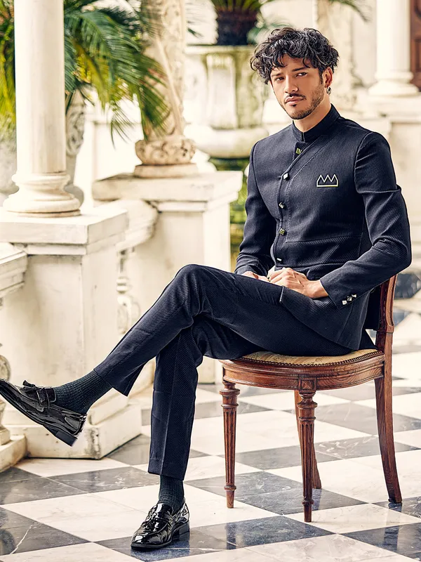 Navy corduroy jodhpuri suit for reception
