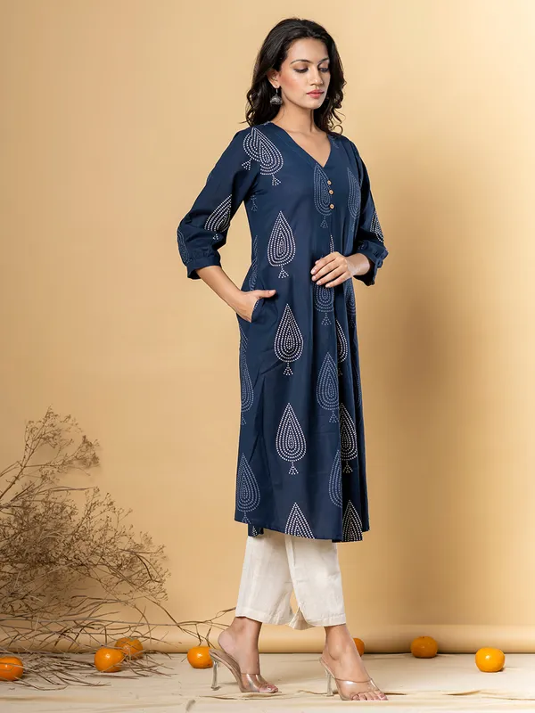 Navy cotton cotton silk printed kurti set for women